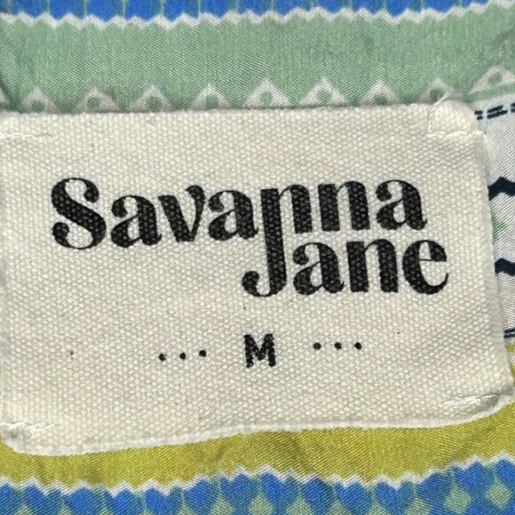 Savanna Jane Top Womens Medium Blue Green Embroidered Floral Boho Blouse Striped - Picture 3 of 8